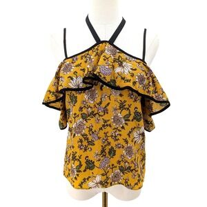 Mustard Floral Ruffle Cold Shoulder Blouse Boho Fall Top Size S